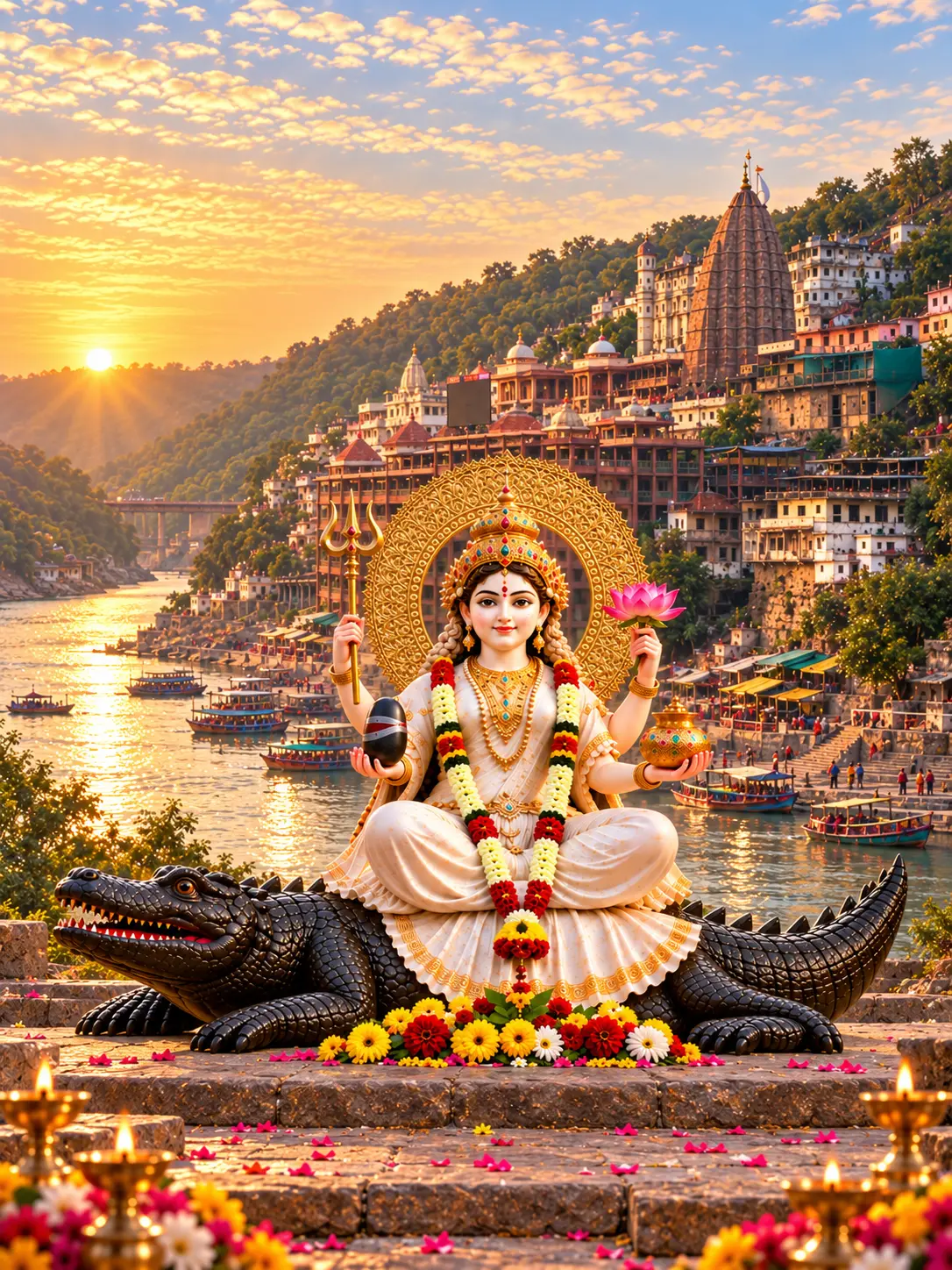 माँ नर्मदा की प्रतिमा और वास्तविक ओंकारेश्वर ज्योतिर्लिंग मंदिर